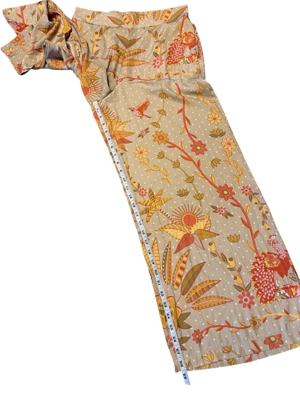 Rose & Olive Beige Floral Wide-Leg Pants Coral Mustard Print Size M EUC Boho - Picture 8 of 10